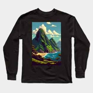 Hawaiian Landscape Pixel Art Island Mountains Long Sleeve T-Shirt